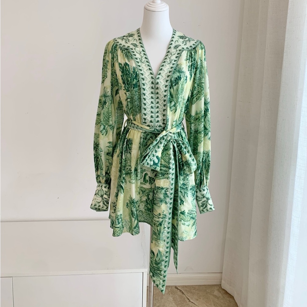 Alemais Green Toile-Print Long Sleeve Tie-Waist Dress